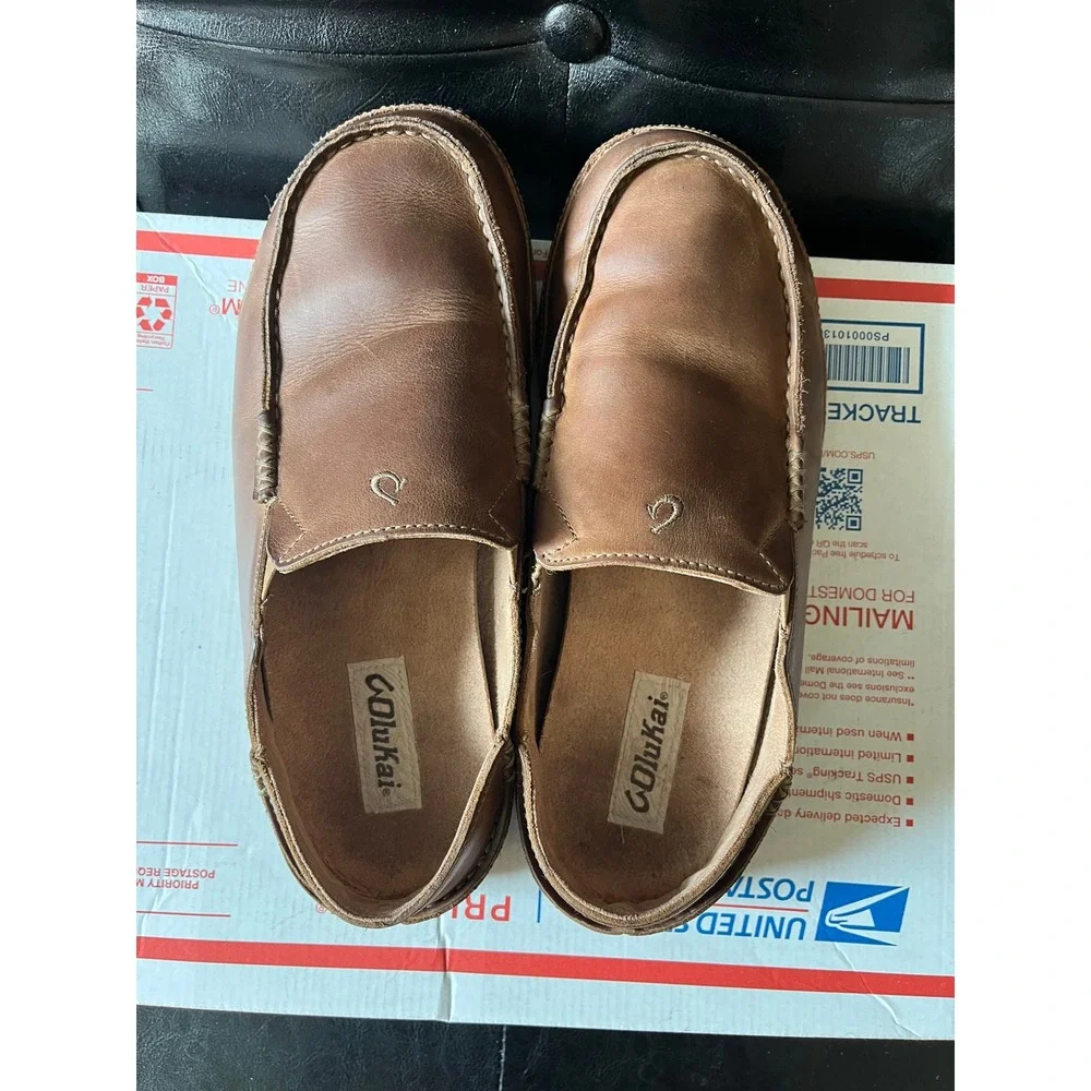 OluKai Moloa Brown Leather Slip On Loafers